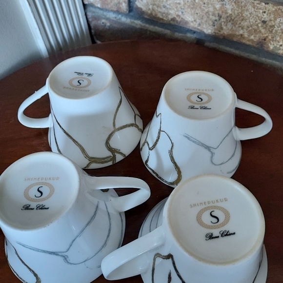 Shinepukur Gold Silver White Fine Bone China Cups Abstract Set Of 4 - Picture 6 of 11